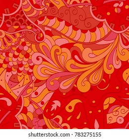 Tracery seamless pattern. Mehndi design. Ethnic colorful doodle texture. Curved doodling background. Vector