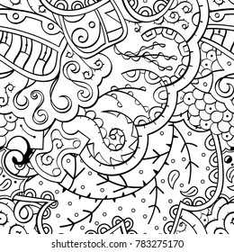 Tracery seamless pattern. Mehndi design. Ethnic monochrome binary doodle texture. Curved doodling black and white background. Vector
