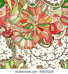 Tracery seamless pattern. Mehndi design. Ethnic colorful doodle texture. Curved doodling background. Vector