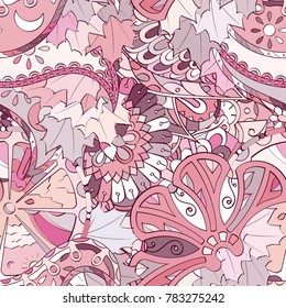 Tracery seamless pattern. Mehndi design. Ethnic colorful doodle texture. Curved doodling background. Vector