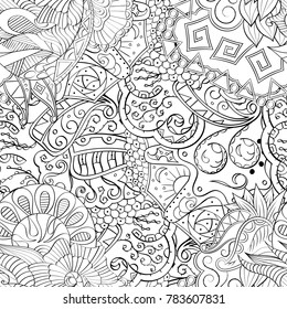 Tracery seamless pattern. Mehndi design. Ethnic monochrome binary doodle texture. Curved doodling black and white background. Vector