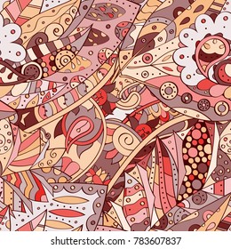 Tracery seamless pattern. Mehndi design. Ethnic colorful doodle texture. Curved doodling background. Vector