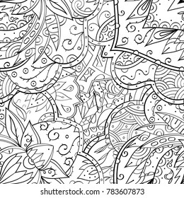 Tracery seamless pattern. Mehndi design. Ethnic monochrome binary doodle texture. Curved doodling black and white background. Vector