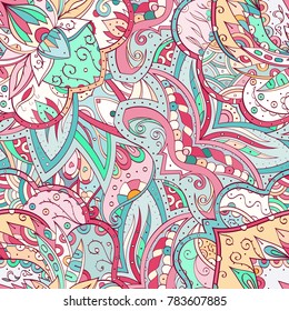 Tracery seamless pattern. Mehndi design. Ethnic colorful doodle texture. Curved doodling background. Vector