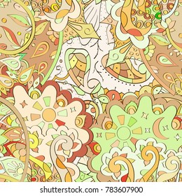 Tracery seamless pattern. Mehndi design. Ethnic colorful doodle texture. Curved doodling background. Vector