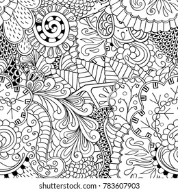 Tracery seamless pattern. Mehndi design. Ethnic monochrome binary doodle texture. Curved doodling black and white background. Vector