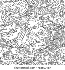 Tracery seamless pattern. Mehndi design. Ethnic monochrome binary doodle texture. Curved doodling black and white background. Vector