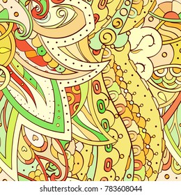 Tracery seamless pattern. Mehndi design. Ethnic colorful doodle texture. Curved doodling background. Vector