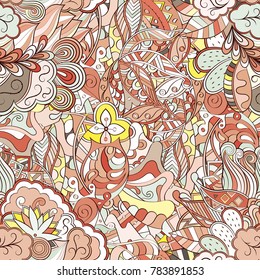Tracery seamless pattern. Mehndi design. Ethnic colorful doodle texture. Curved doodling background. Vector