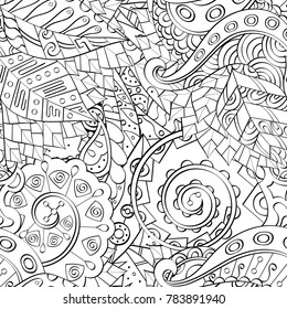 Tracery seamless pattern. Mehndi design. Ethnic monochrome binary doodle texture. Curved doodling black and white background. Vector