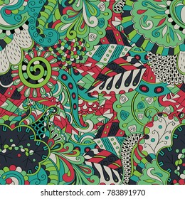 Tracery seamless pattern. Mehndi design. Ethnic colorful doodle texture. Curved doodling background. Vector