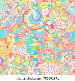 Tracery seamless pattern. Mehndi design. Ethnic colorful doodle texture. Curved doodling background. Vector