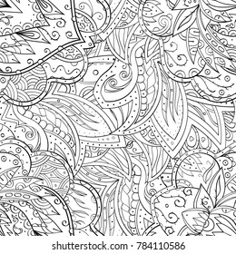 Tracery seamless pattern. Mehndi design. Ethnic monochrome binary doodle texture. Curved doodling black and white background. Vector