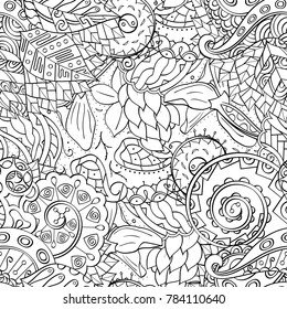 Tracery seamless pattern. Mehndi design. Ethnic monochrome binary doodle texture. Curved doodling black and white background. Vector