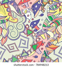 Tracery seamless pattern. Mehndi design. Ethnic colorful doodle texture. Curved doodling background. Vector
