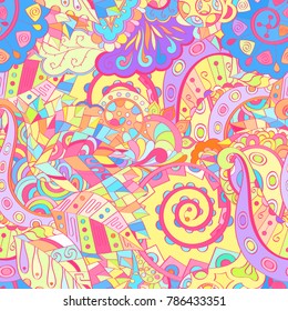Tracery seamless pattern. Mehndi design. Ethnic colorful doodle texture. Curved doodling background. Vector