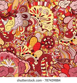 Tracery seamless pattern. Mehndi design. Ethnic colorful doodle texture. Curved doodling background. Vector