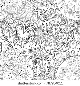 Tracery seamless pattern. Mehndi design. Ethnic monochrome binary doodle texture. Curved doodling black and white background. Vector