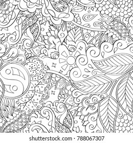 Tracery seamless pattern. Mehndi design. Ethnic monochrome binary doodle texture. Curved doodling black and white background. Vector