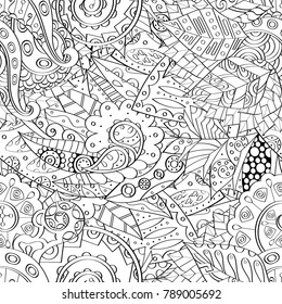 Tracery seamless pattern. Mehndi design. Ethnic monochrome binary doodle texture. Curved doodling black and white background. Vector