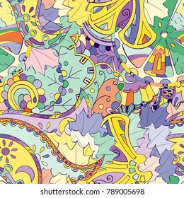Tracery seamless pattern. Mehndi design. Ethnic colorful doodle texture. Curved doodling background. Vector