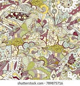 Tracery seamless pattern. Mehndi design. Ethnic colorful doodle texture. Curved doodling background. Vector