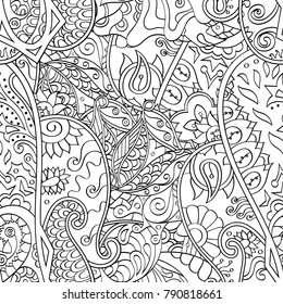 Tracery seamless pattern. Mehndi design. Ethnic monochrome binary doodle texture. Curved doodling black and white background. Vector