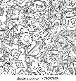 Tracery seamless pattern. Mehndi design. Ethnic monochrome binary doodle texture. Curved doodling black and white background. Vector