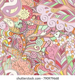 Tracery seamless pattern. Mehndi design. Ethnic colorful doodle texture. Curved doodling background. Vector