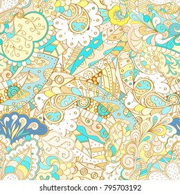 Tracery seamless pattern. Mehndi design. Ethnic colorful doodle texture. Curved doodling background. Vector