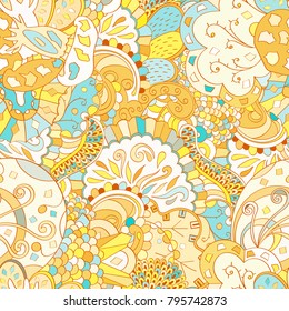 Tracery seamless pattern. Mehndi design. Ethnic colorful doodle texture. Curved doodling background. Vector