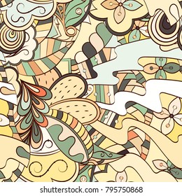 Tracery seamless pattern. Mehndi design. Ethnic colorful doodle texture. Curved doodling background. Vector