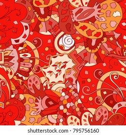 Tracery seamless pattern. Mehndi design. Ethnic colorful doodle texture. Curved doodling background. Vector