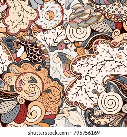 Tracery seamless pattern. Mehndi design. Ethnic colorful doodle texture. Curved doodling background. Vector