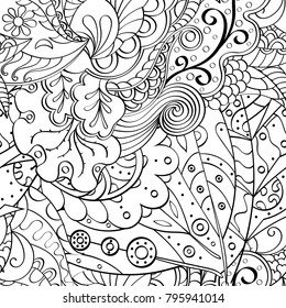 Tracery seamless pattern. Mehndi design. Ethnic monochrome binary doodle texture. Curved doodling black and white background. Vector