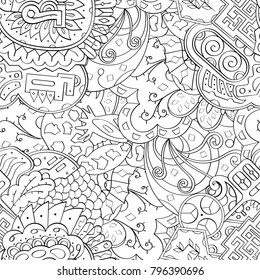 Tracery seamless pattern. Mehndi design. Ethnic monochrome binary doodle texture. Curved doodling black and white background. Vector