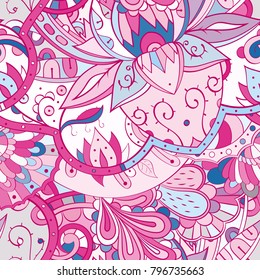 Tracery seamless pattern. Mehndi design. Ethnic colorful doodle texture. Curved doodling background. Vector