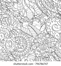 Tracery seamless pattern. Mehndi design. Ethnic monochrome binary doodle texture. Curved doodling black and white background. Vector