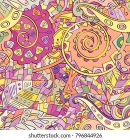 Tracery seamless pattern. Mehndi design. Ethnic colorful doodle texture. Curved doodling background. Vector