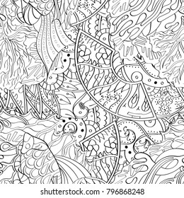Tracery seamless pattern. Mehndi design. Ethnic monochrome binary doodle texture. Curved doodling black and white background. Vector