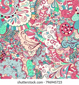 Tracery seamless pattern. Mehndi design. Ethnic colorful doodle texture. Curved doodling background. Vector