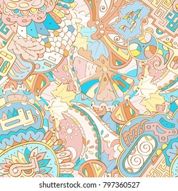 Tracery seamless pattern. Mehndi design. Ethnic colorful doodle texture. Curved doodling background. Vector