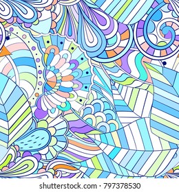 Tracery seamless pattern. Mehndi design. Ethnic colorful doodle texture. Curved doodling background. Vector