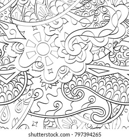 Tracery seamless pattern. Mehndi design. Ethnic monochrome binary doodle texture. Curved doodling black and white background. Vector