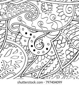 Tracery seamless pattern. Mehndi design. Ethnic monochrome binary doodle texture. Curved doodling black and white background. Vector