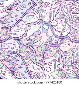 Tracery seamless pattern. Mehndi design. Ethnic colorful doodle texture. Curved doodling background. Vector