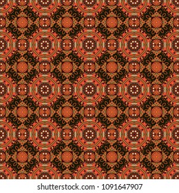 Tracery seamless pattern in Mehndi style. Ethnic colorful doodle texture in brown, blue and orange colors. Curved doodling background.