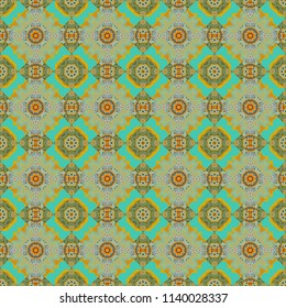 Tracery seamless pattern in Mehndi style. Ethnic colorful doodle texture in green, blue and yellow colors. Vector illustration. Curved doodling background.