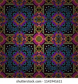 Tracery seamless pattern in Mehndi style. Curved doodling background. Ethnic colorful doodle texture in brown, black and purple colors. Vector illustration.