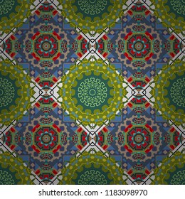 Tracery seamless pattern in Mehndi style. Vector illustration. Curved doodling background. Ethnic colorful doodle texture in green, blue and yellow colors.